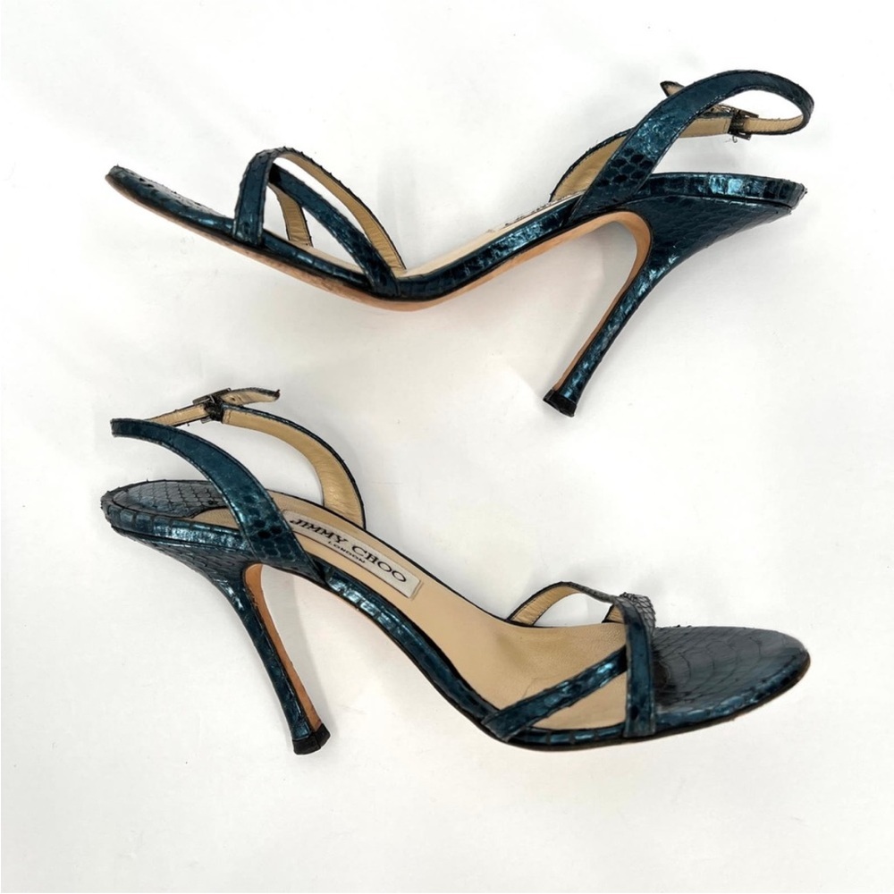 JIMMY CHOO Shoes Womens 38 Metallic Blue Snake Embossed Strappy Leather Sandal - Picture 5 of 14